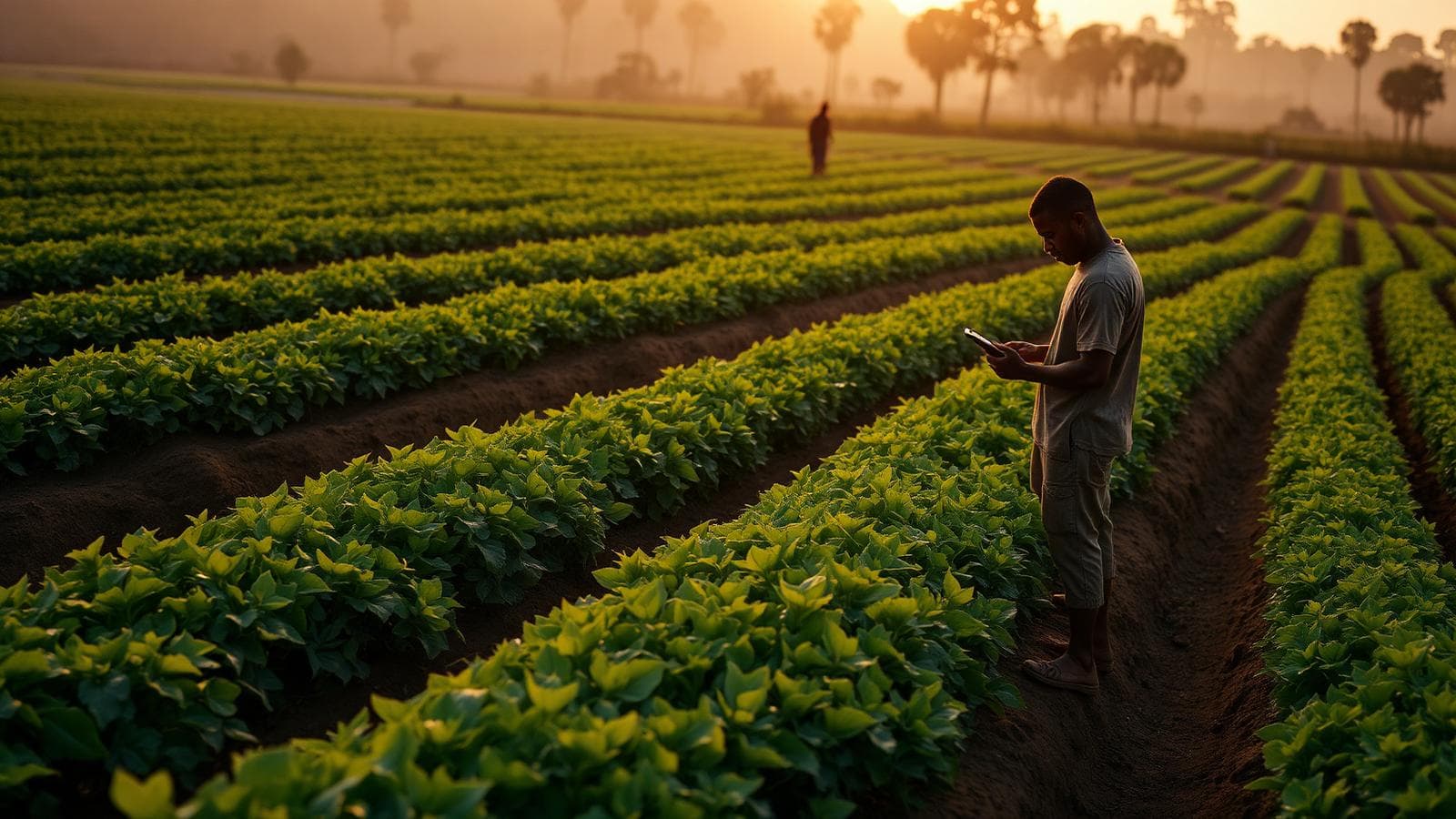 Farmer reviewing crop data on a tablet at the edge of a green field at golden hour