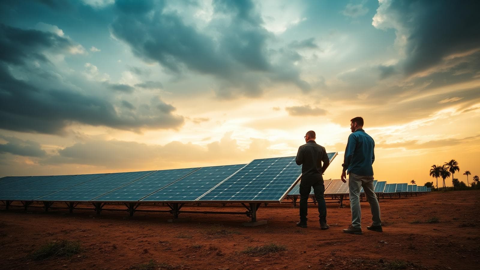 Technicians inspecting a rural solar microgrid installation under a dramatic sky
