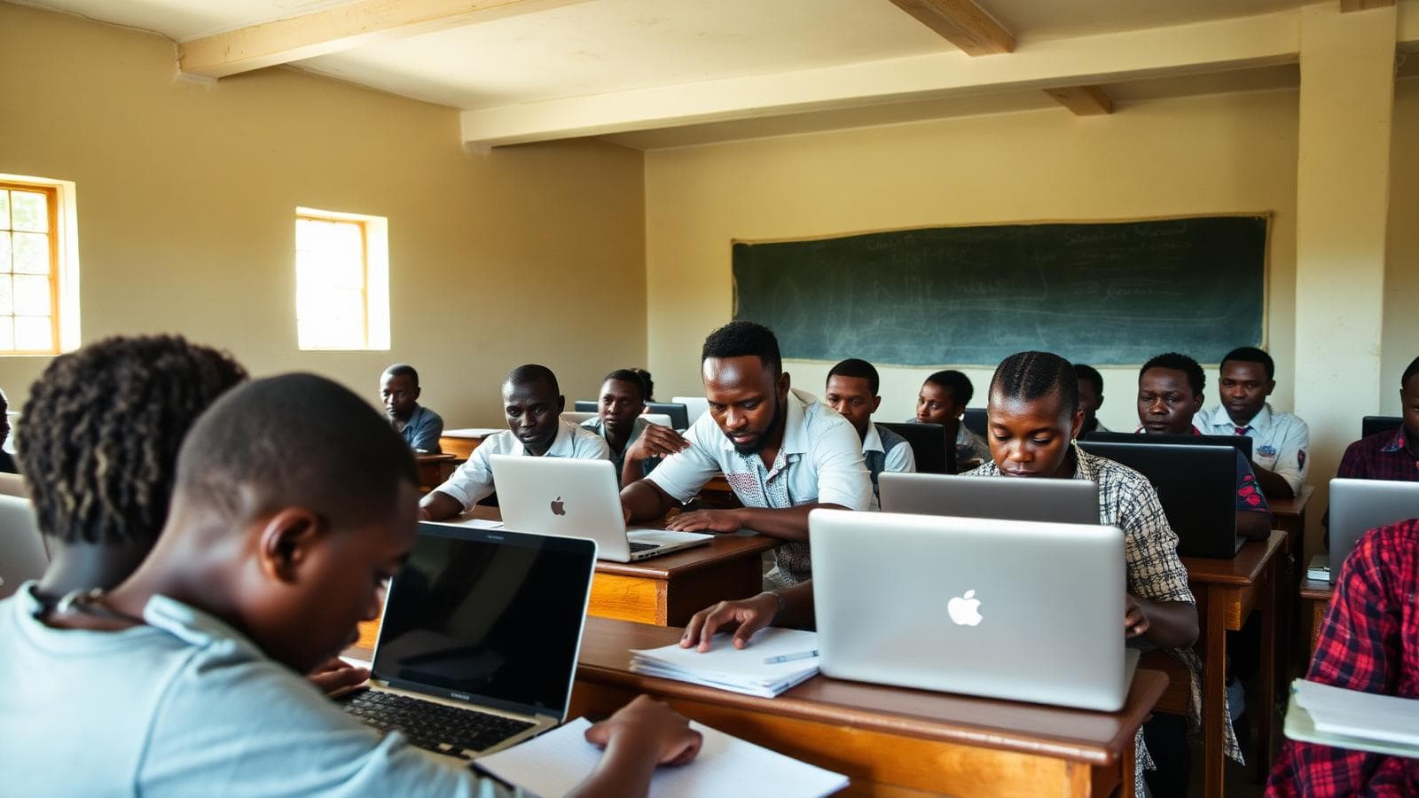 A teacher working with students in a bright classroom