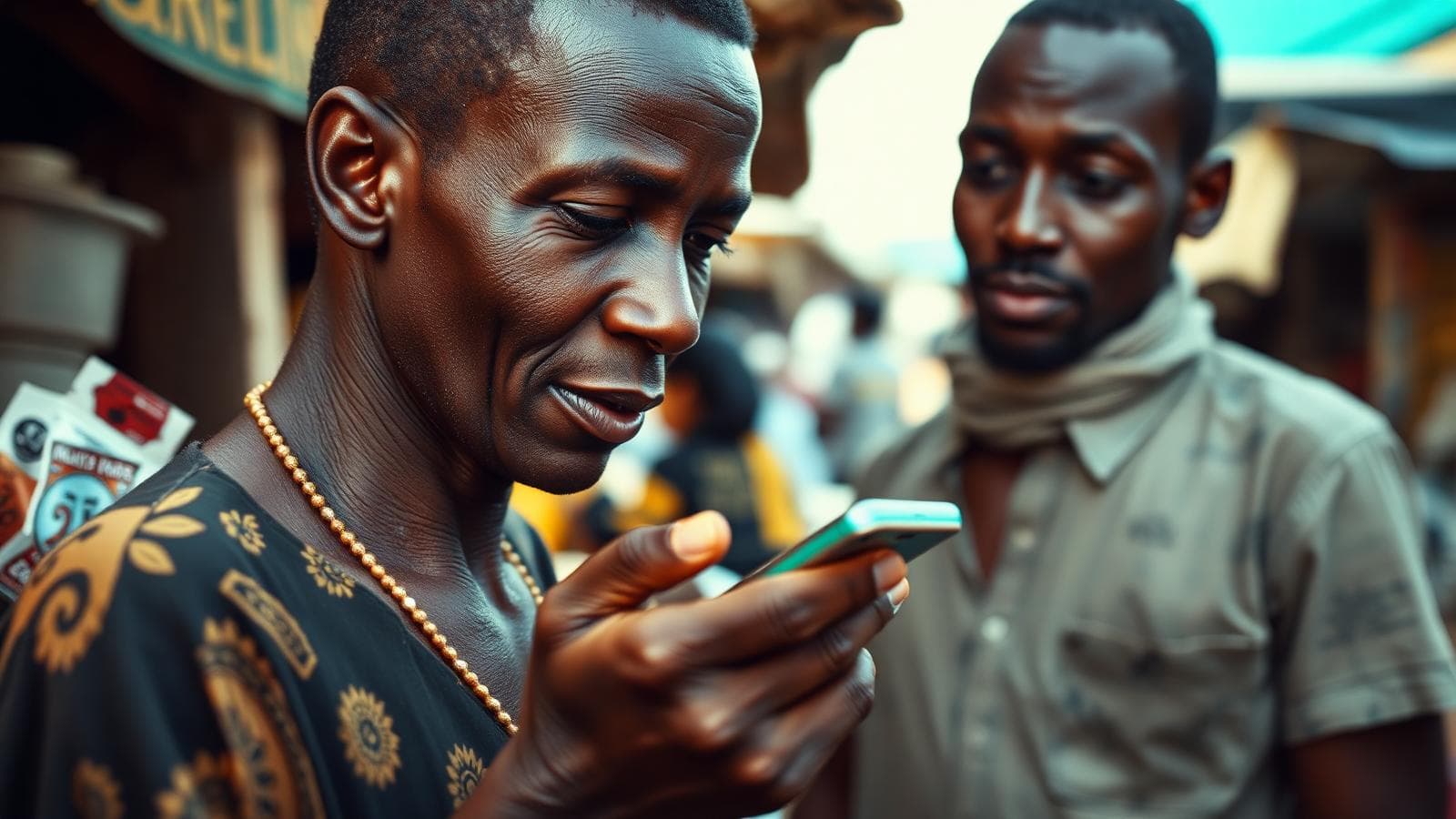 Market vendor accepting a mobile money payment via smartphone