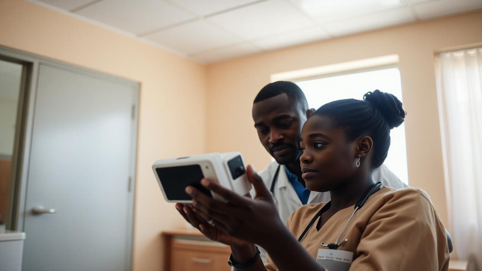 Health workers conferring in a clinic