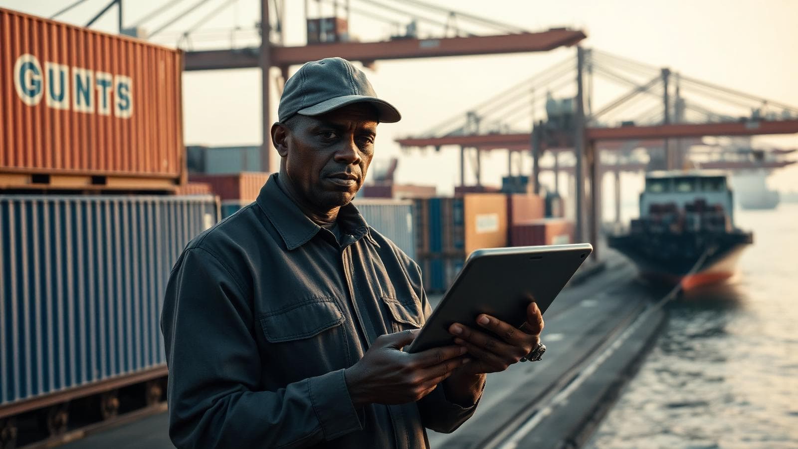 Port operator with a tablet beside shipping containers and cranes at dawn