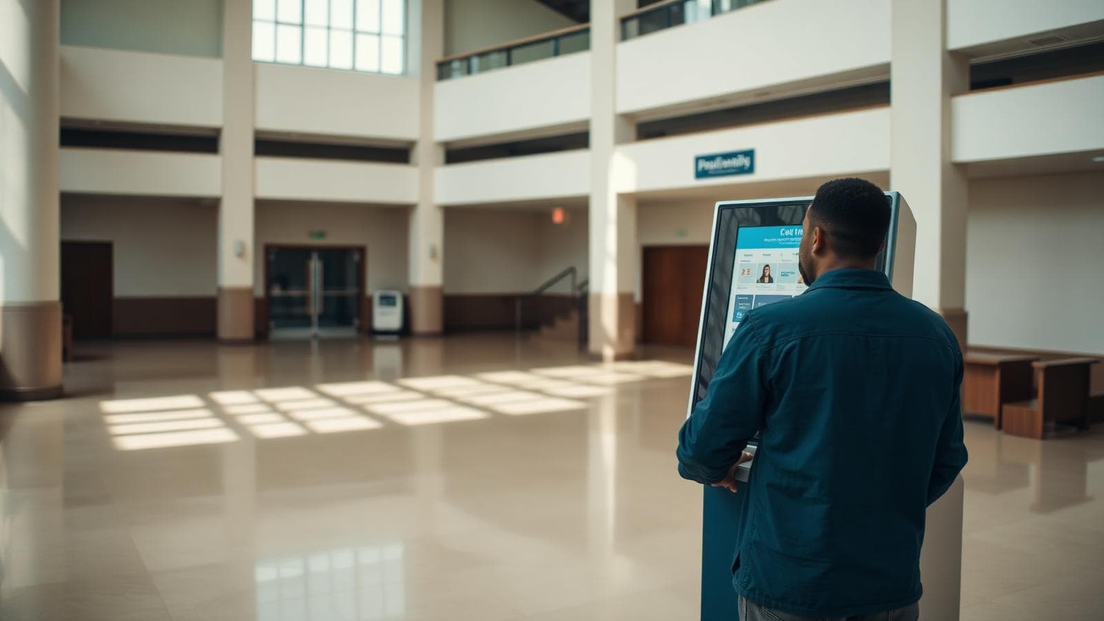 Citizen using a digital government service kiosk in a modern civic building