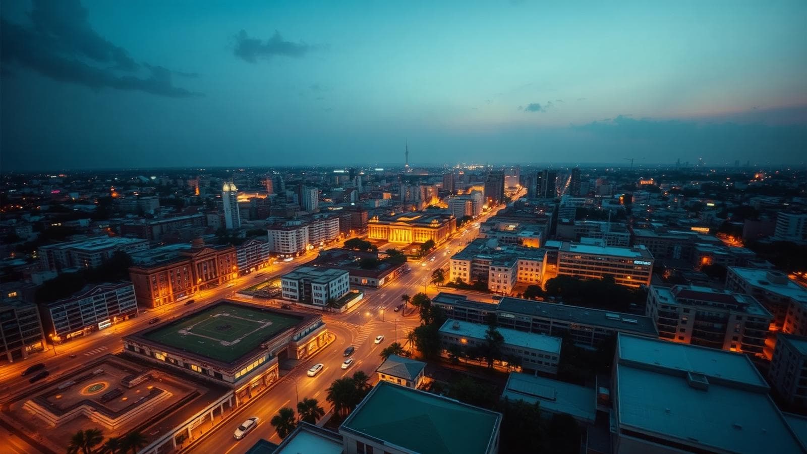 Aerial view of an African city skyline at dusk with lit streets and public squares