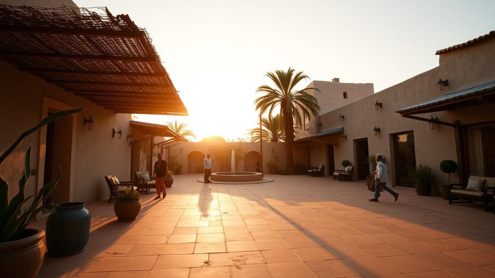 Guests gathering in a sunlit African boutique hotel courtyard at golden hour