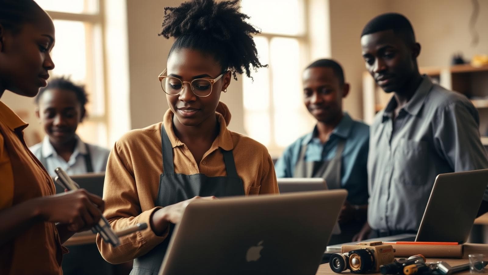 Young people at work in a training space