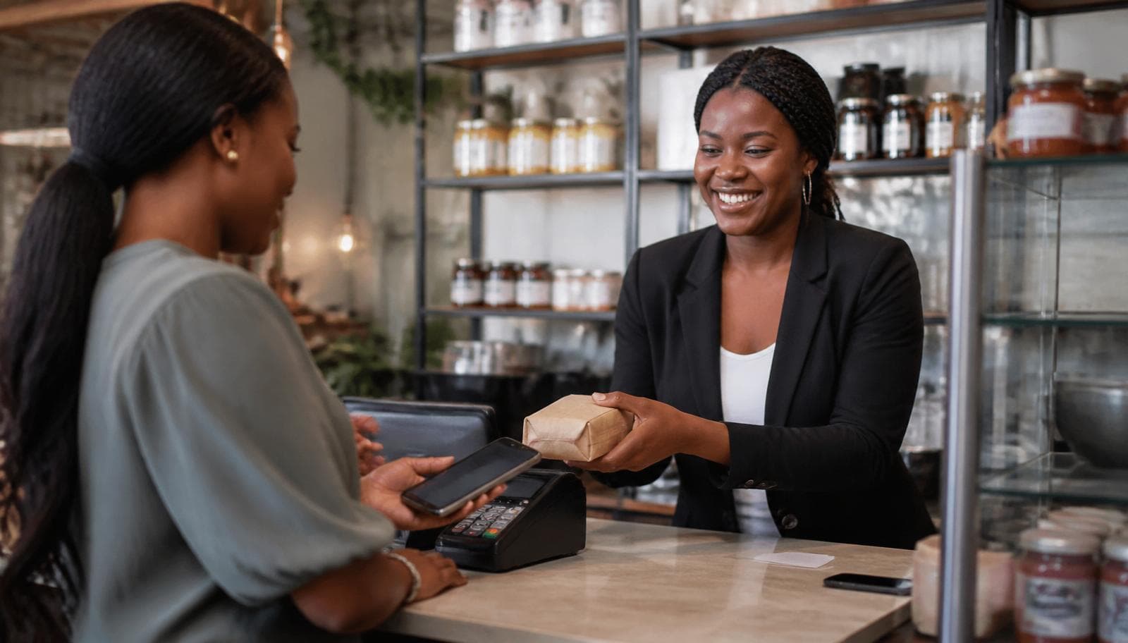 An African merchant warmly serving a customer at a modern retail counter while the customer taps a smartphone on a small POS terminal