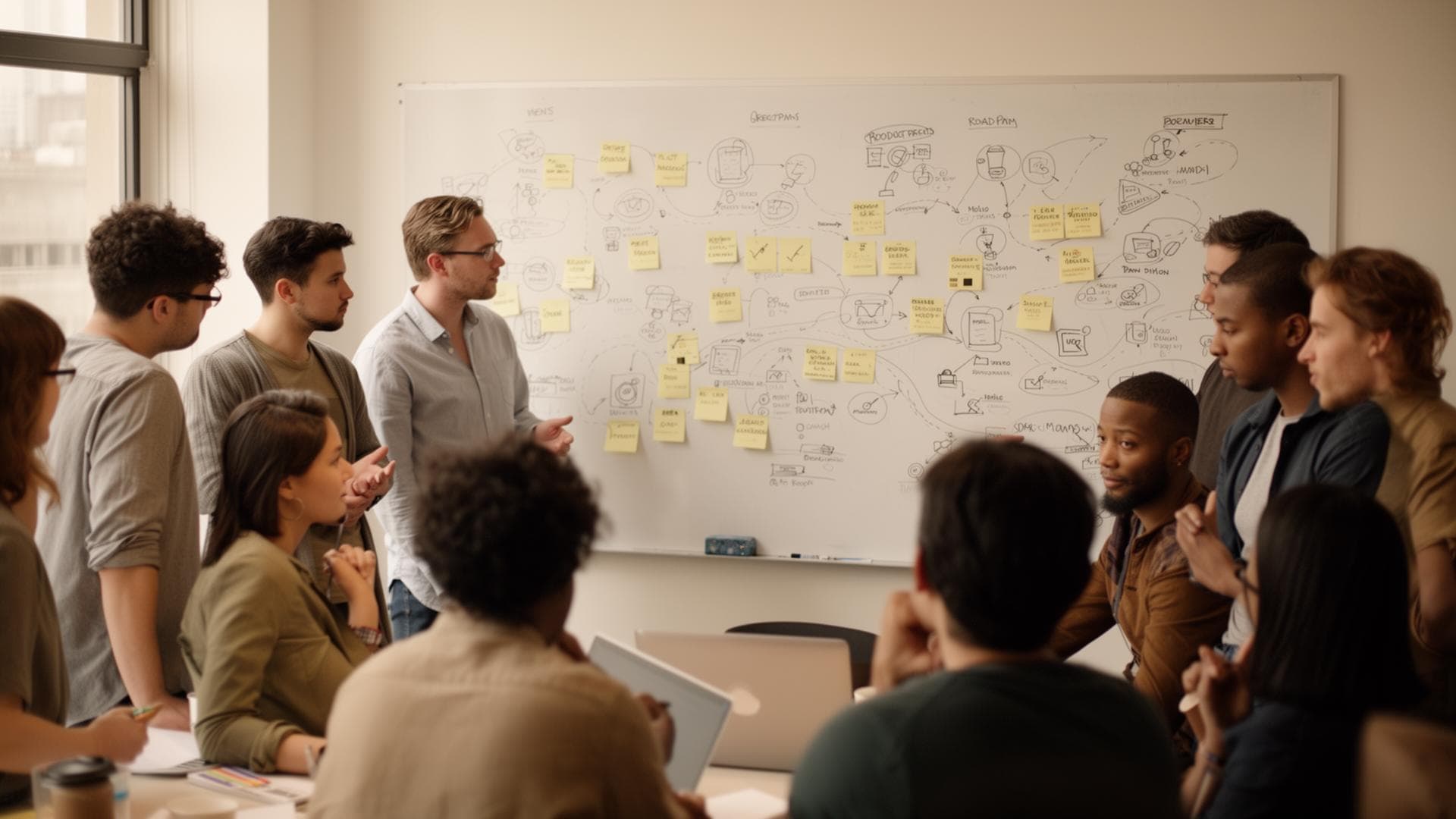 Founders and operators in a venture strategy workshop around a whiteboard of product diagrams