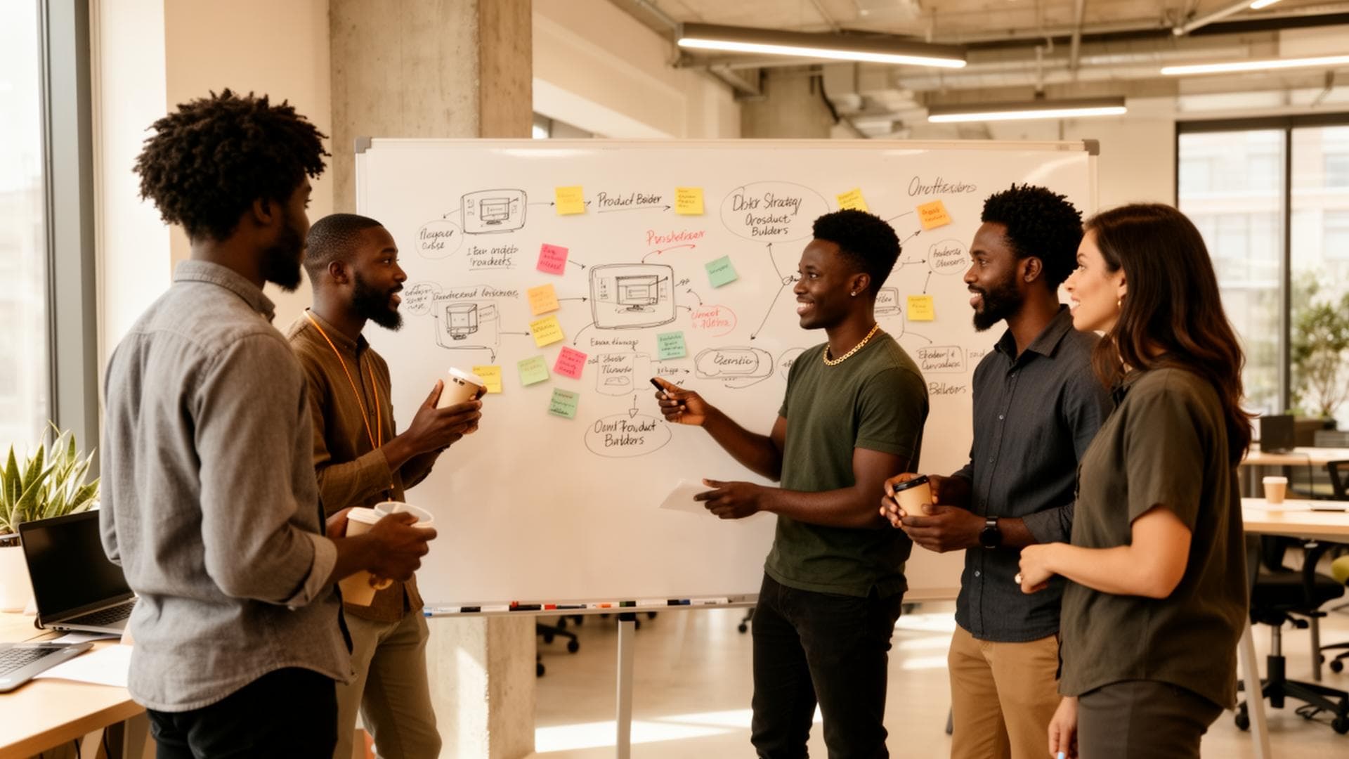 Founders and product builders collaborating around a whiteboard in an AsteriskRD venture session